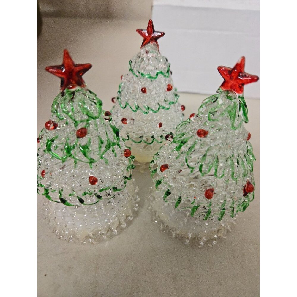 NEW Set Of 3 LED Light-Up Lace Glass Christmas Trees Red Stars & Green Trimming
